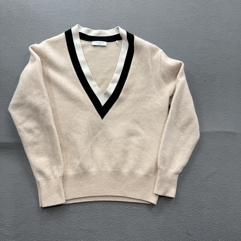 Sandro Sweater Womens 1 Beige Wool Cashmere V-Neck Pullover‎ Contrast Trim Knit